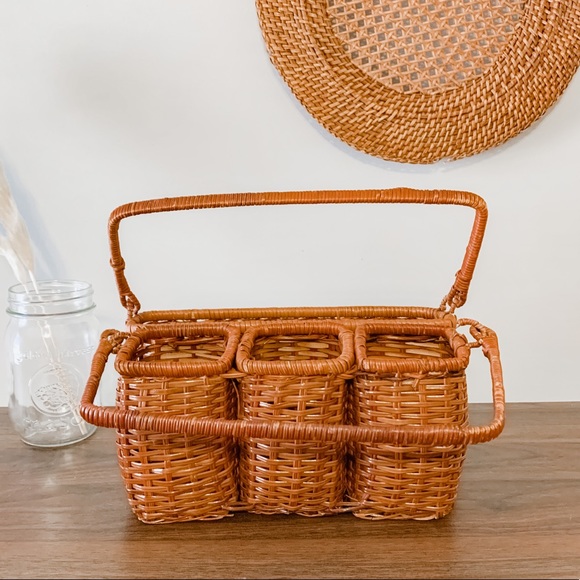Vintage Boho Wicker Rattan Utensil Holder Basket